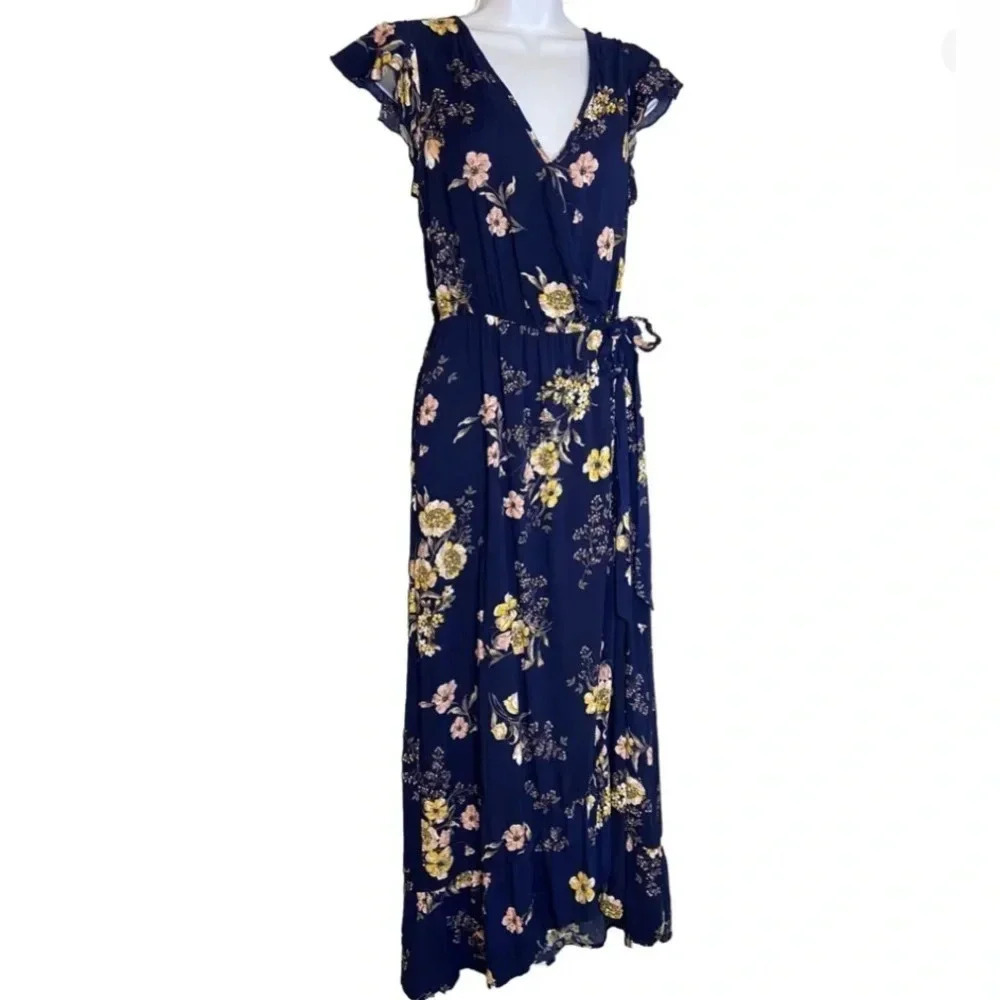 NWOT Band of Gypsies size M navy blue floral faux wrap dress